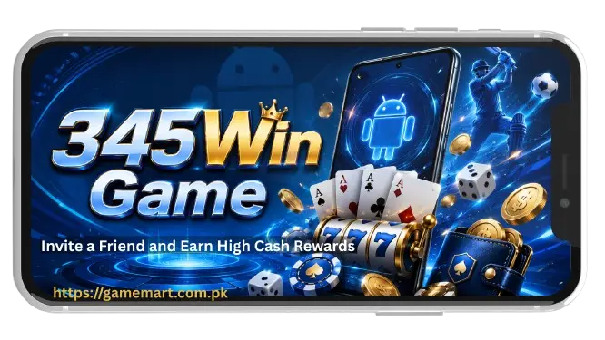 345Win Game APK Download 2026 (Top Earning App) In Pakistan 3 345Win Game promotional banner showing Android gaming app, casino-style elements, sports graphics, coins, cards, and wallet on a blue background
