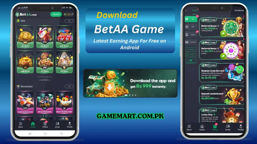 Betaa Game app showing slots, referral bonuses, and rewards for instant earnings