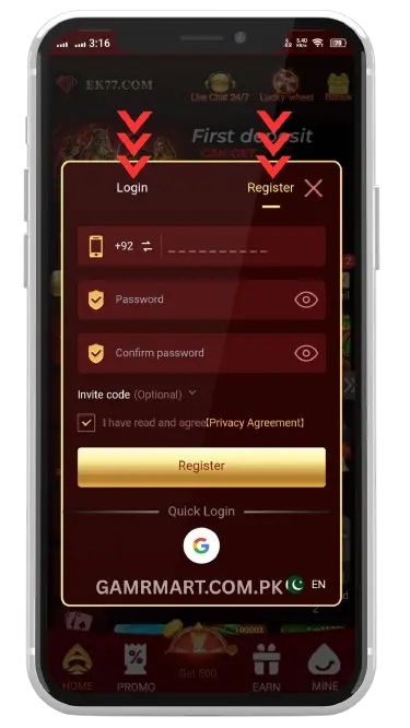 EK77 Game Download APK: Real Earning Mobile Gaming App in Pakistan 4 Register and Login Process on the EK77 App