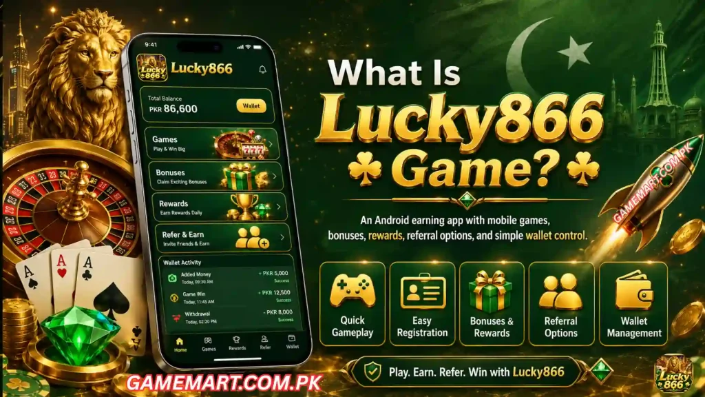 Lucky866 Game earning app banner with mobile dashboard and rewards
