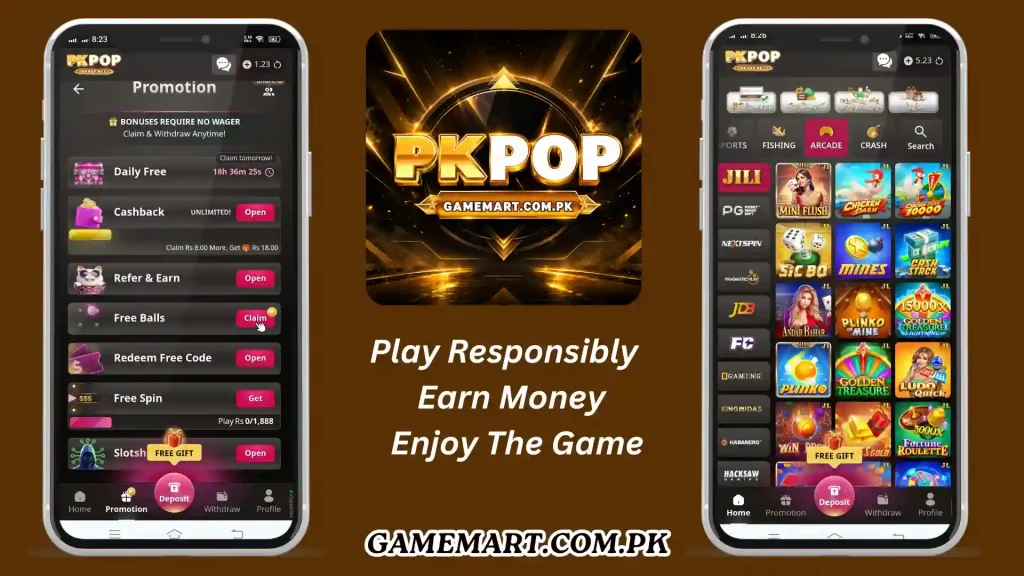 PKPOP Game Android app screens with rewards, arcade games, and GAMEMART.COM.PK branding