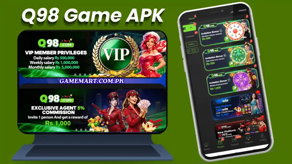 Q98 Game APK download graphic showing promo bonuses and mobile app screen